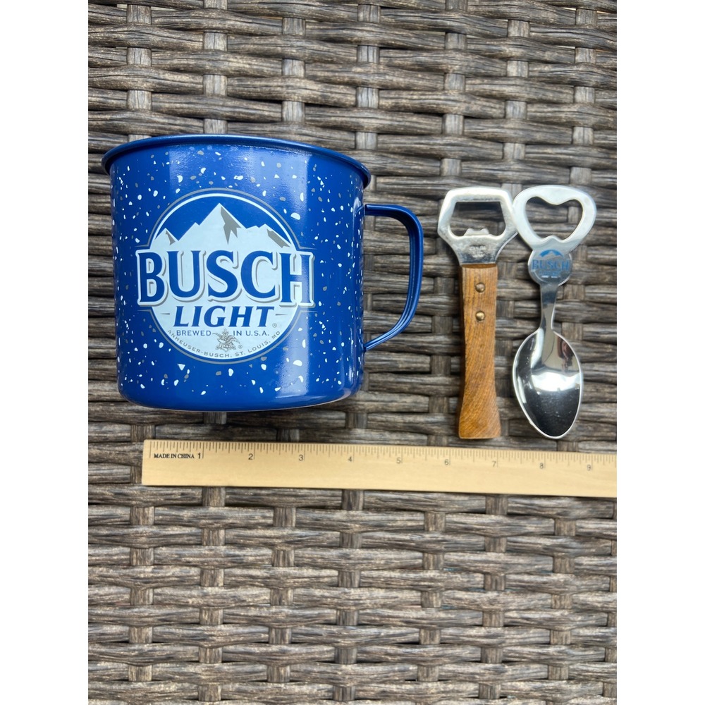 Busch Light Tin Mug and Vintage Bottle Opener Set Blue Enamel Style Cup Spoon - Picture 1 of 5
